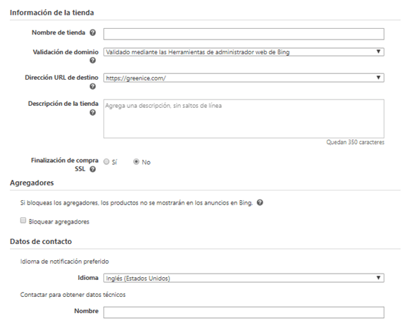 Creacion de tienda en Microsoft Merchant Center