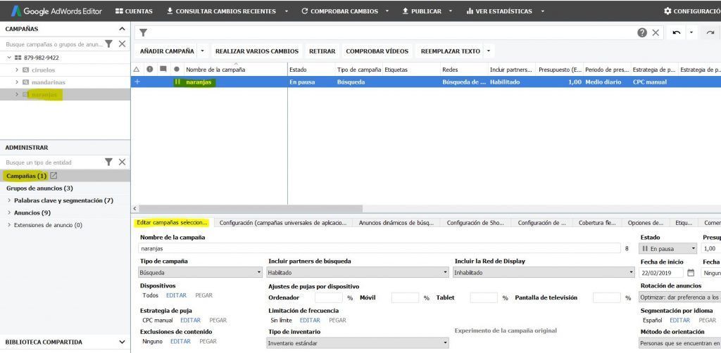 Configuración de campañas en Ads Editor.