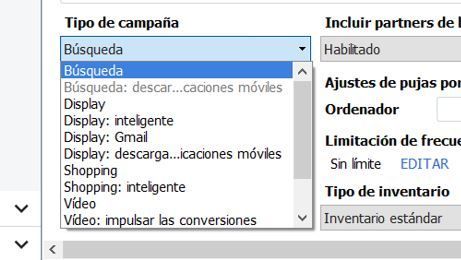 Selección del tipo de campaña.