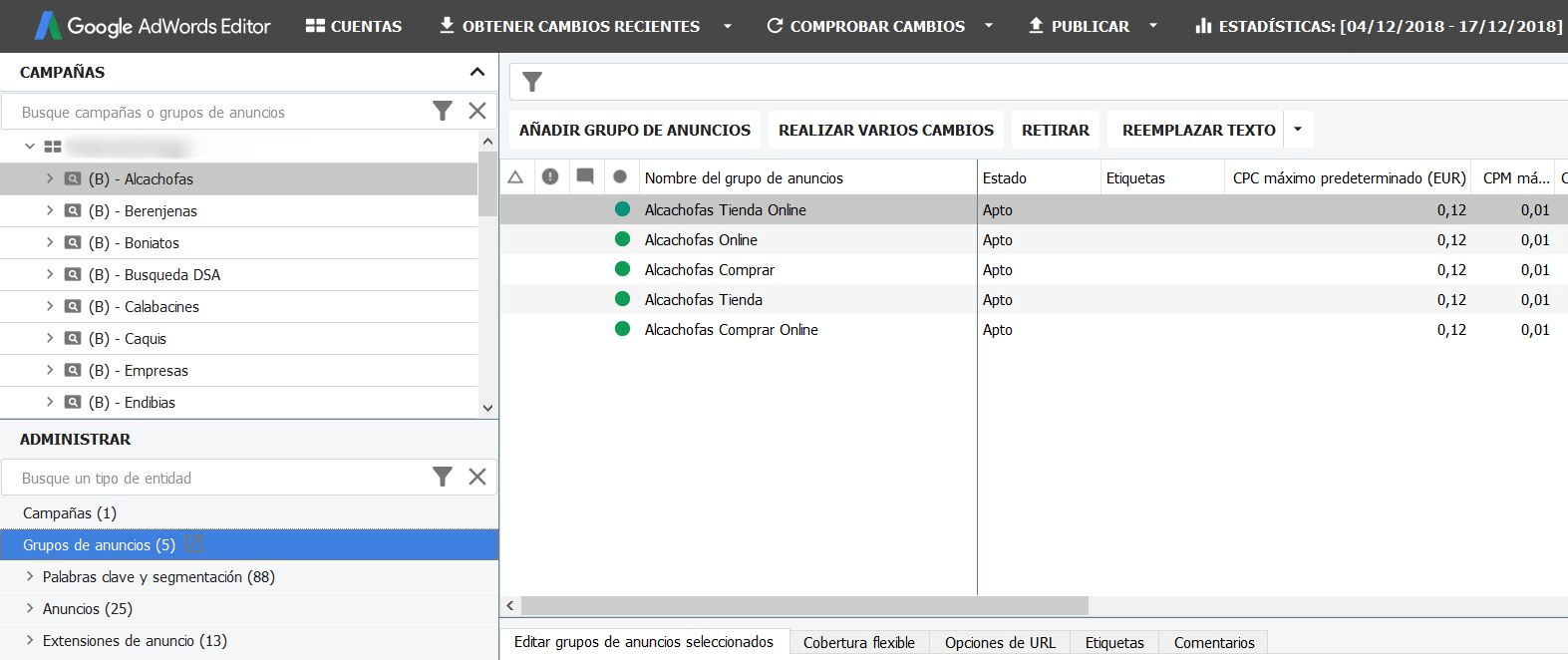 Grupos de anuncios en el panel de visualización de Google Editor