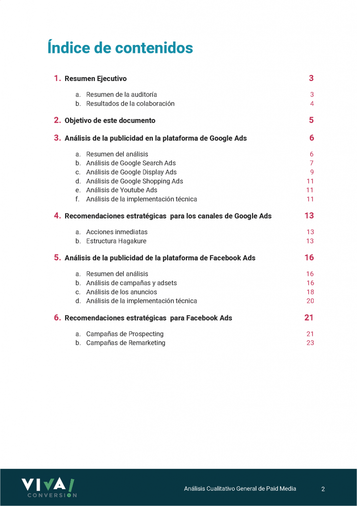 Índice de contenidos de una auditoria de Facebook Ads y Google Ads