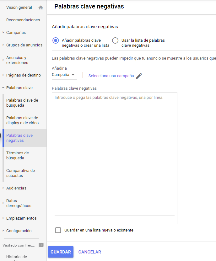 Añadir palabras negativas en Google Ads