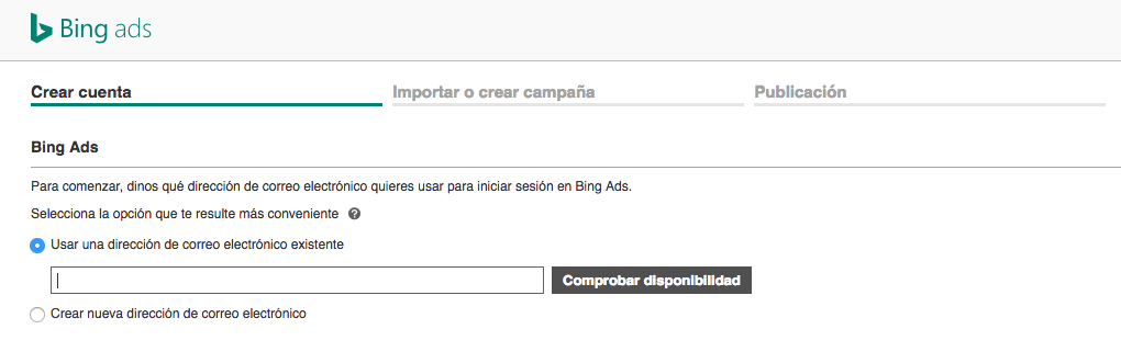 Crear cuenta en Bing Ads