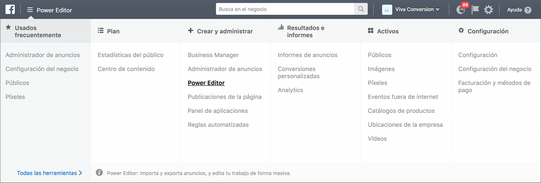 Power Editor antes de fusionarse con el Administrador de Anuncios de Facebook