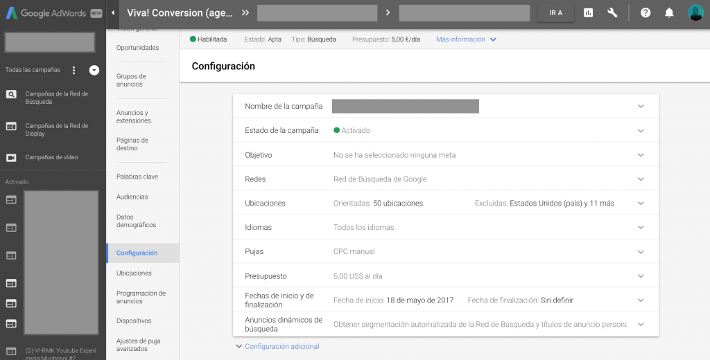 Configuración campañas Adwords