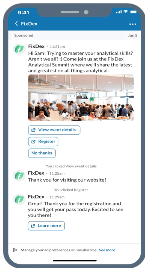 Ejemplo de conversation ads en campañas en LinkedIn