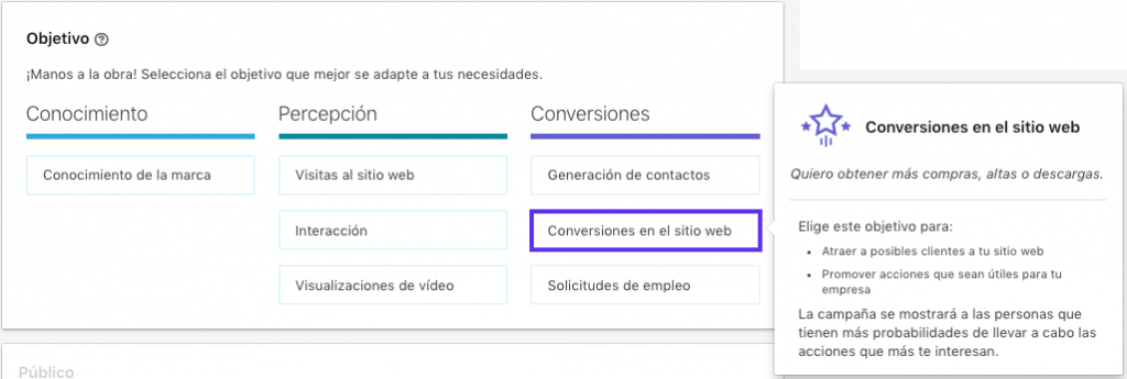 Objetivo de LinkedIn Ads de conversiones en el sitio web