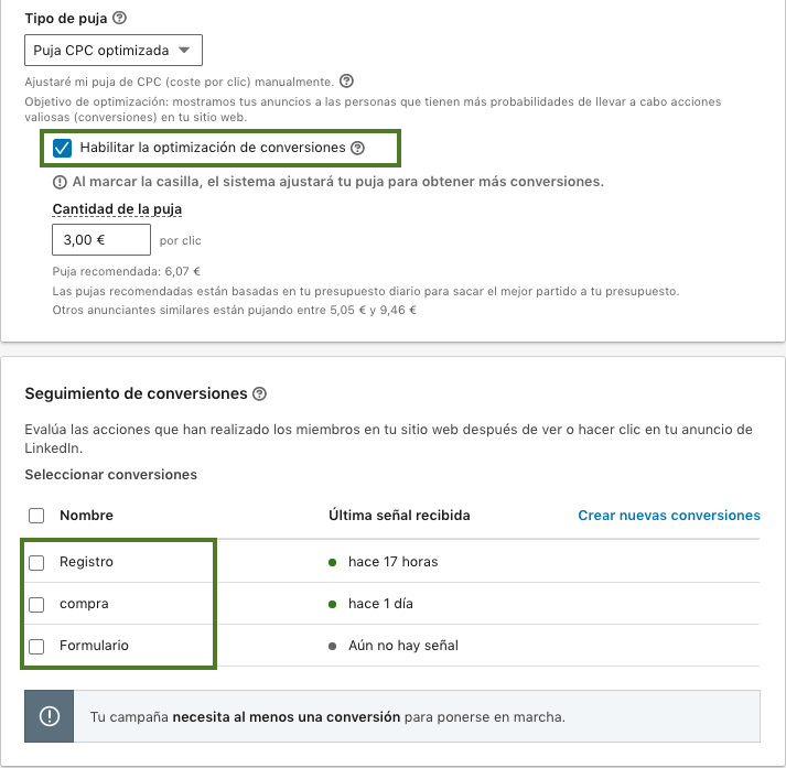 Pujas CPC optimizadas de una campaña de linkedin