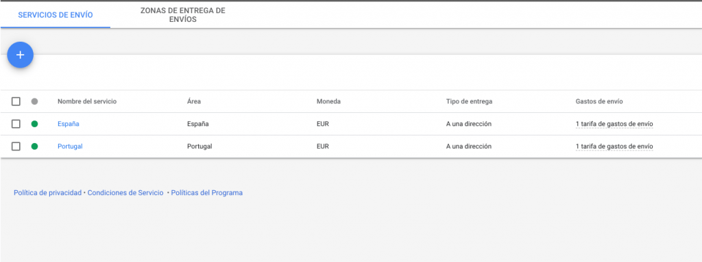 Configuración de envío de Google Merchant Center