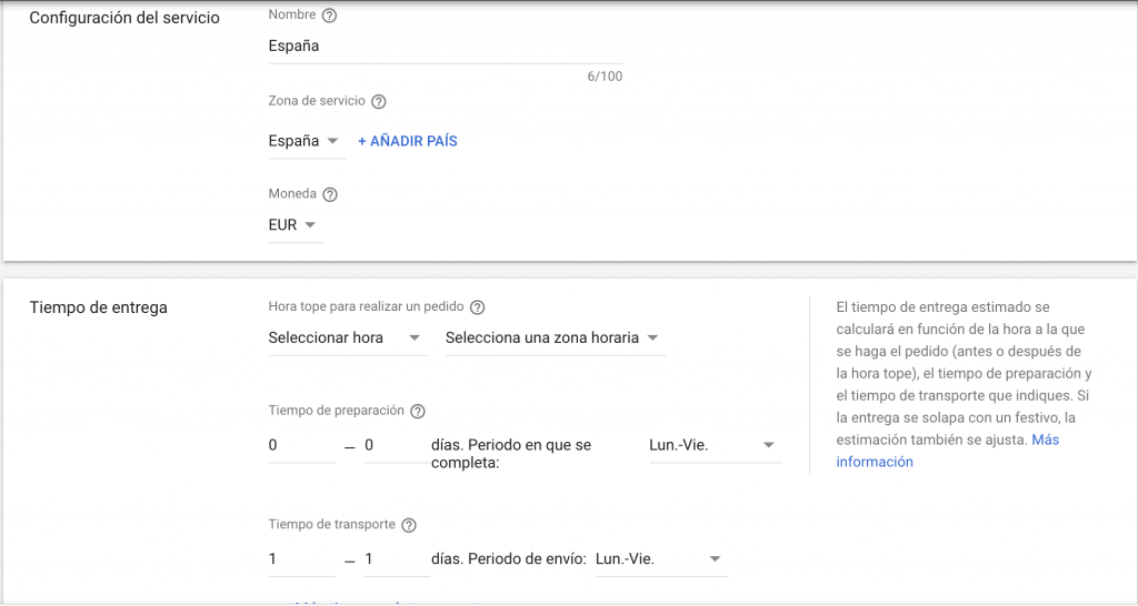 información sobre el tiempo de preparación del envío y de transporte