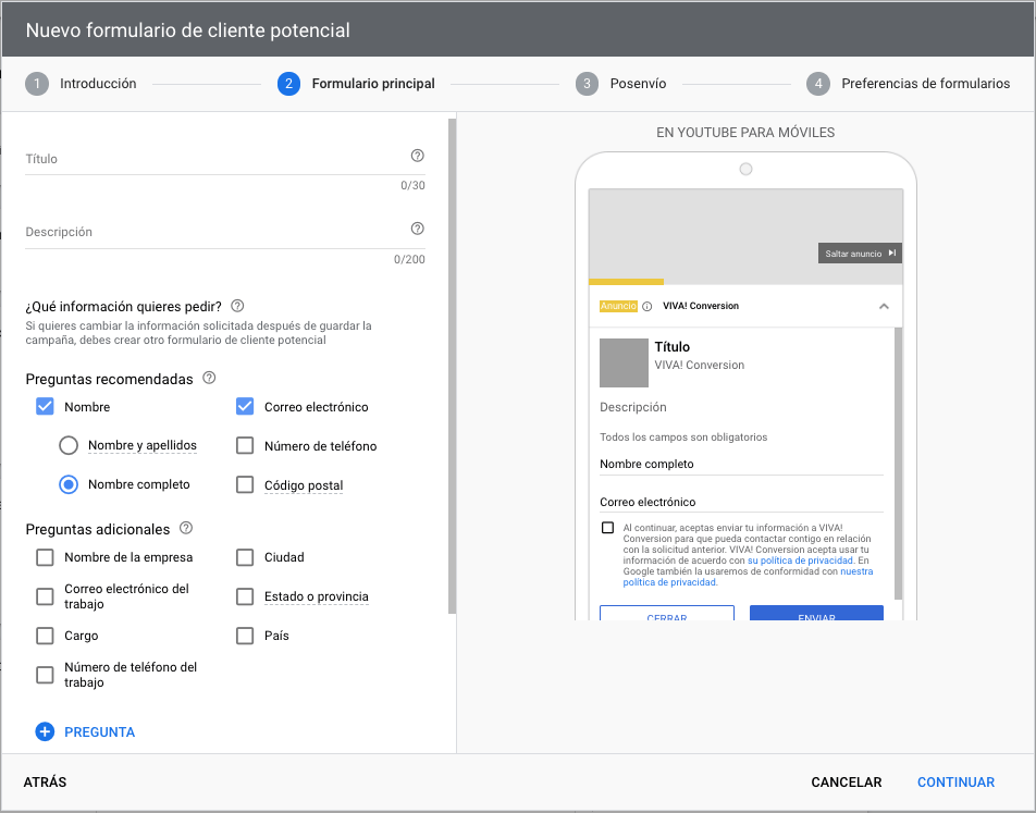 Youtube lead form