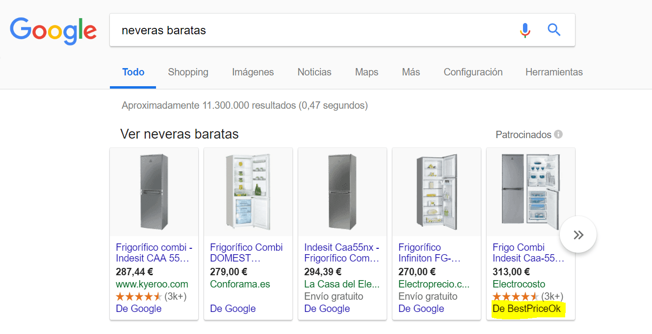 Anuncio del comparador BestPriceOK en el carrusel de Shopping Ads