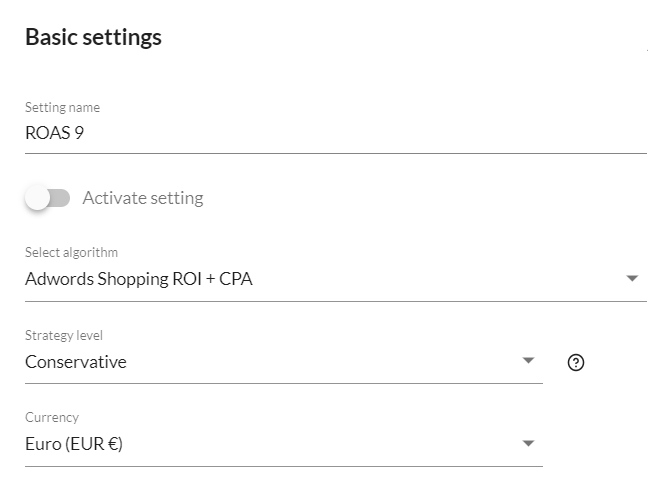 Basic settings de la estrategia de puja