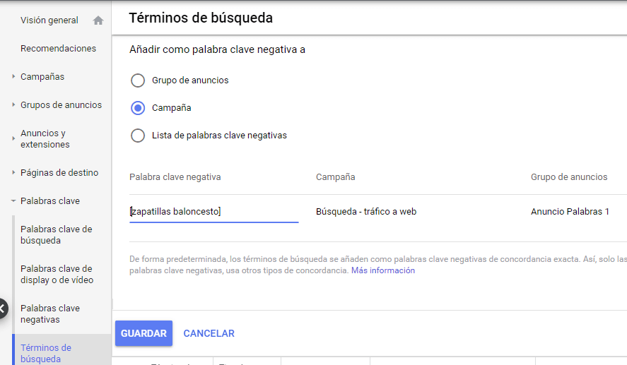 Añadir palabras clave negativas los términos de búsqueda que no interesan