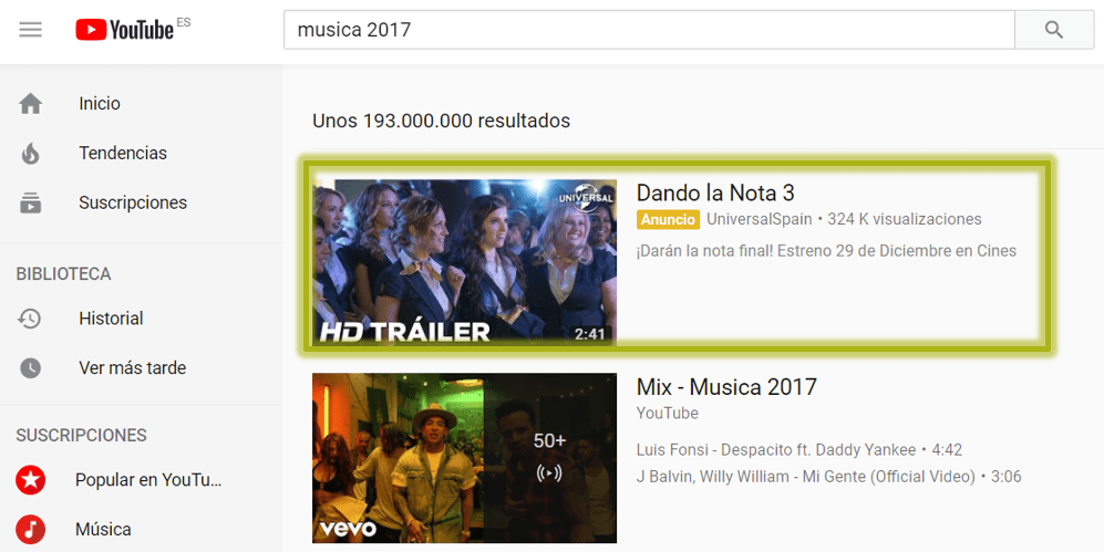 Anuncio video discovery de trueview en los resultados de búsqueda de Youtube