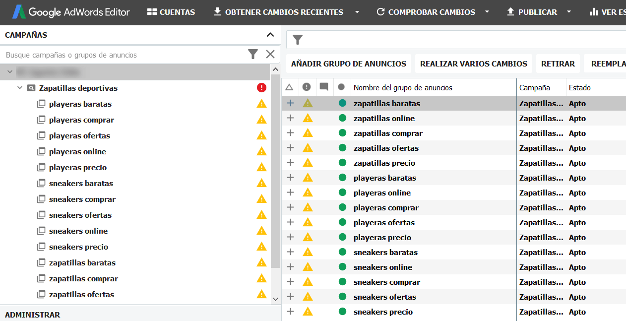 Todos los adgroups metidos bajo la misma campaña