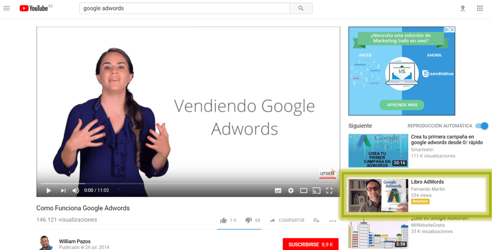 Anuncio video discovery de trueview en las sugerencias de vídeo
