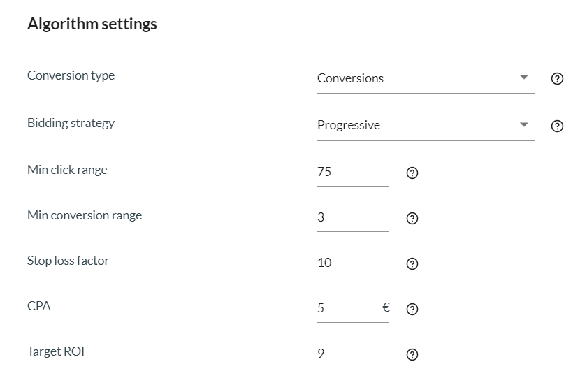 Configuración del algoritmo