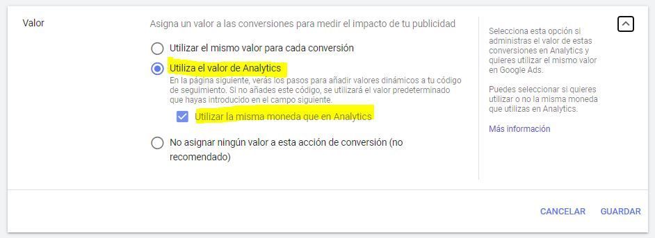Configuración de la transacción de Google Analytics en Google Ads