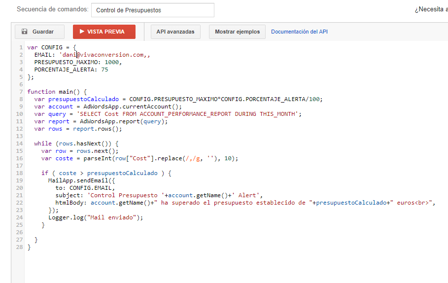 Script Control presupuestos