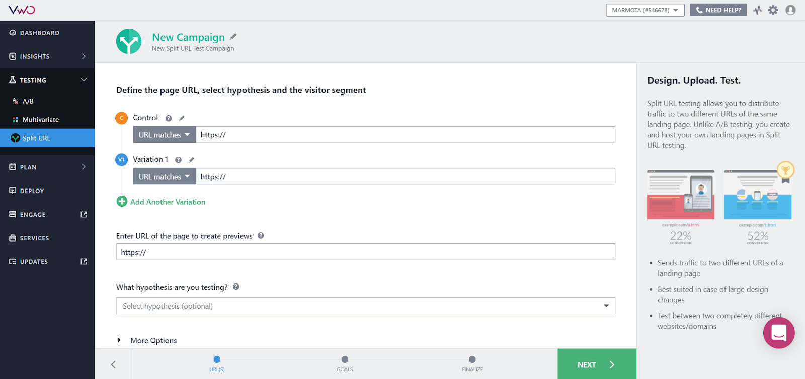 Configuración de Split Test en VWO