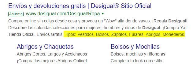 Extractos de sitio en un anuncio de Google Ads