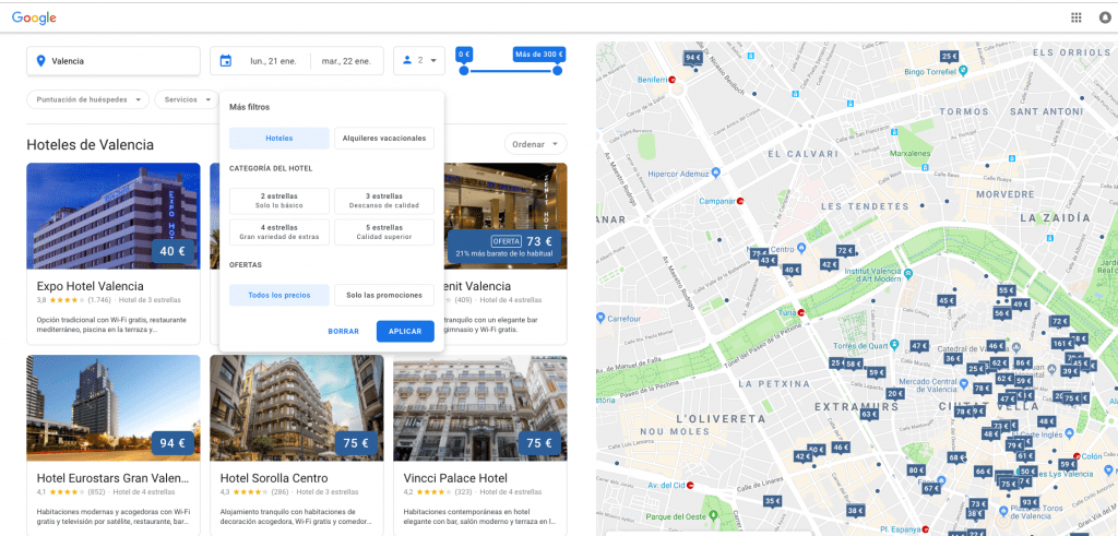 Vista de Google Hotel Ads