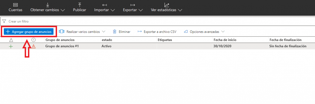 Grupo anuncios microsoft ads editor