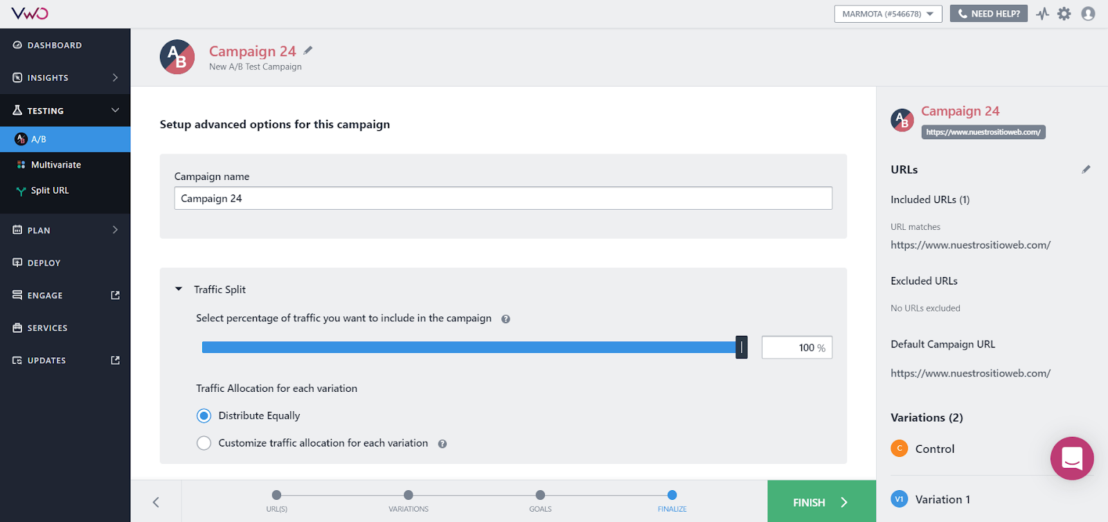 Configuración final de un test en VWO