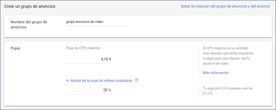 Nombre del adgroup y pujas