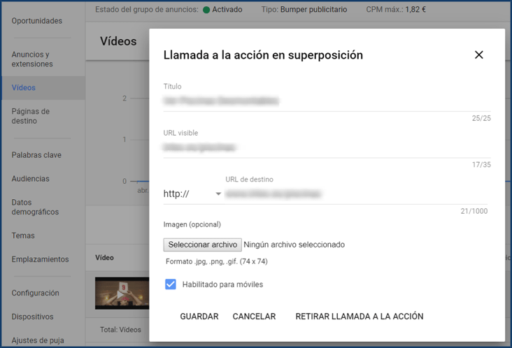 Configuración de la llamada a la acción
