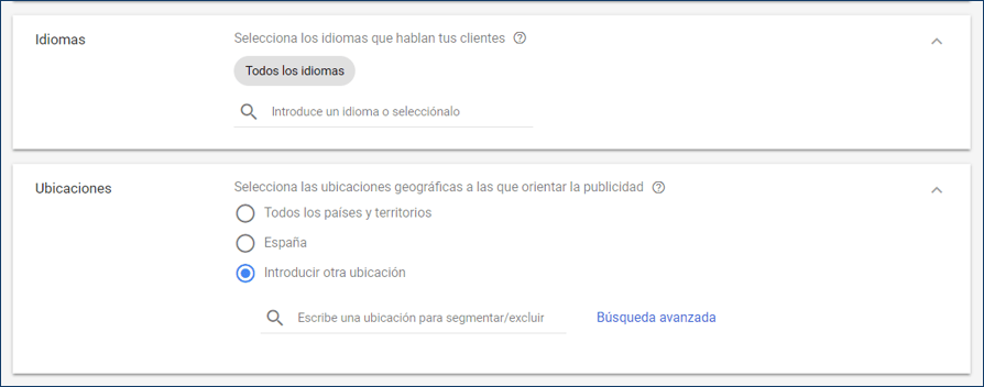 Idiomas y ubicaciones