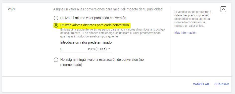 Indica que el valor de las conversiones en Google Ads puede cambiar