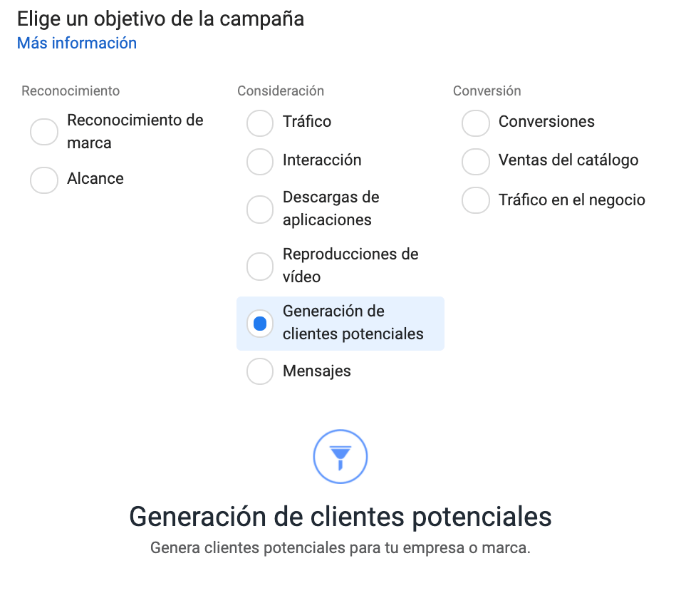 Objetivo generación de clientes potenciales en Facebook