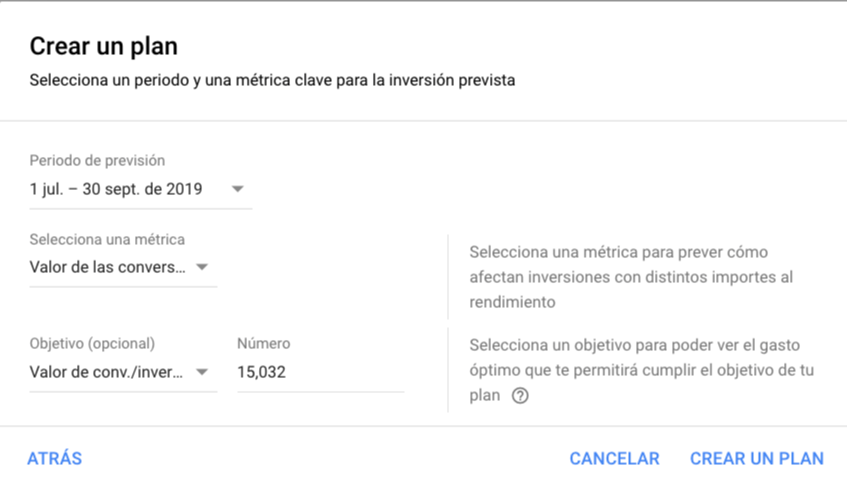 Selección de métricas del planificador de Google