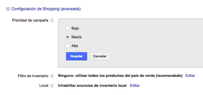 Configuración de Shopping