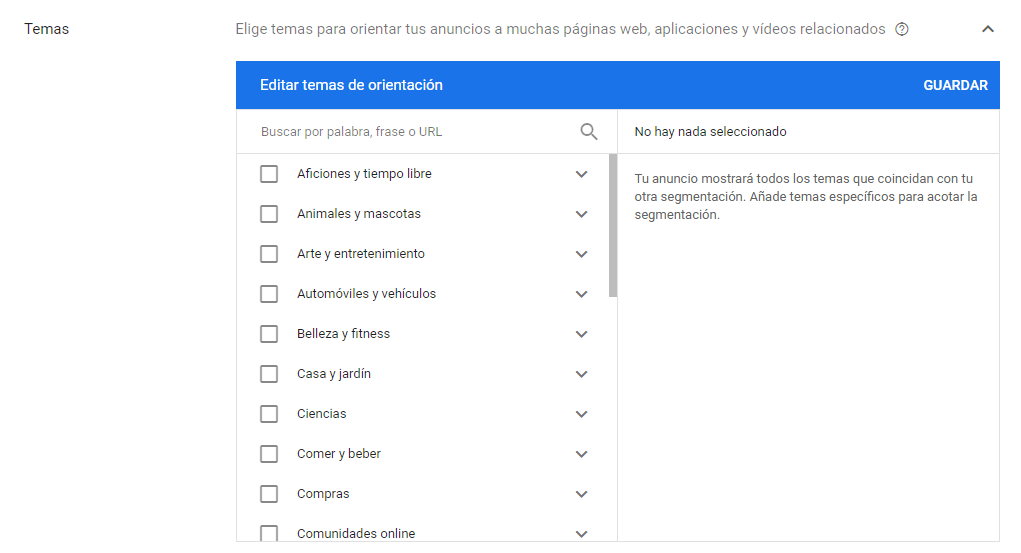 Segmentación por temas campañas de display de google ads