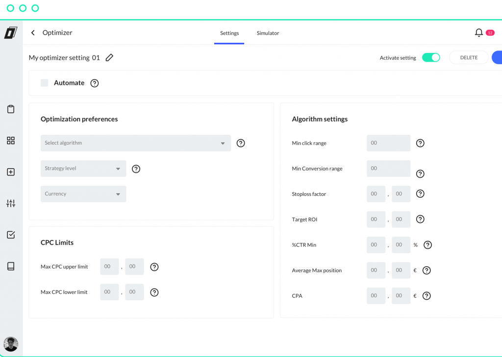 Interfaz Spaceboost Paltaforma de automatización PPC