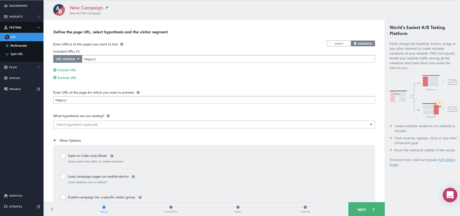 Configuración inicial de un test en VWO