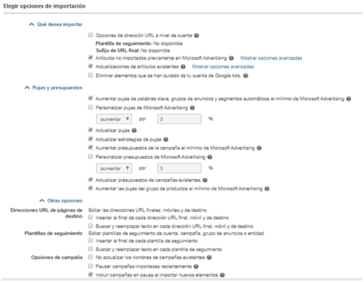 Opciones de importación para crear una campaña de Shopping en Microsoft
