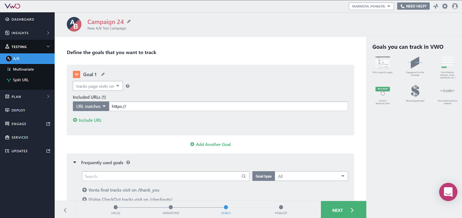 Configuración de metas en VWO