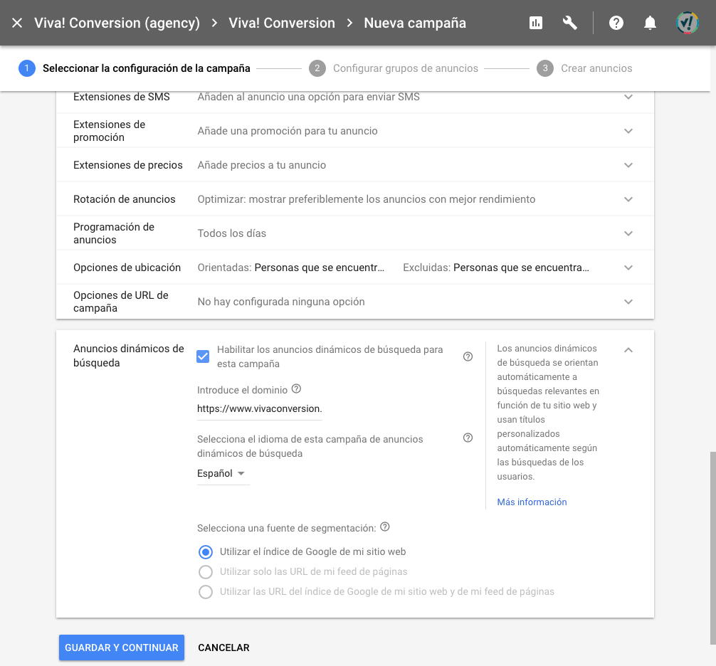 Expande la Configuración adicional y haz clic en Anuncios dinámicos de búsqueda