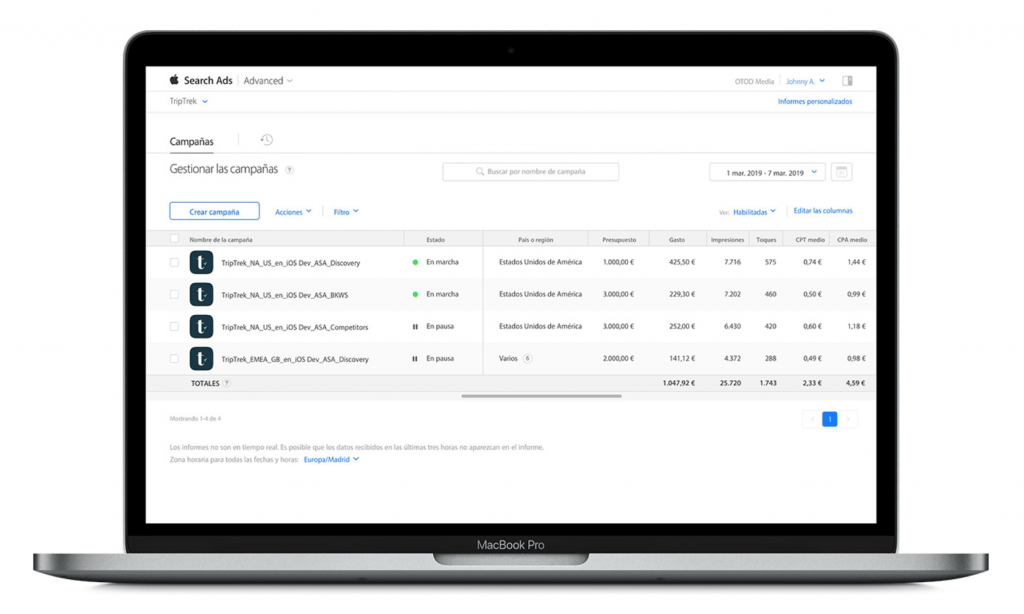 Panel de control de campañas de Apple