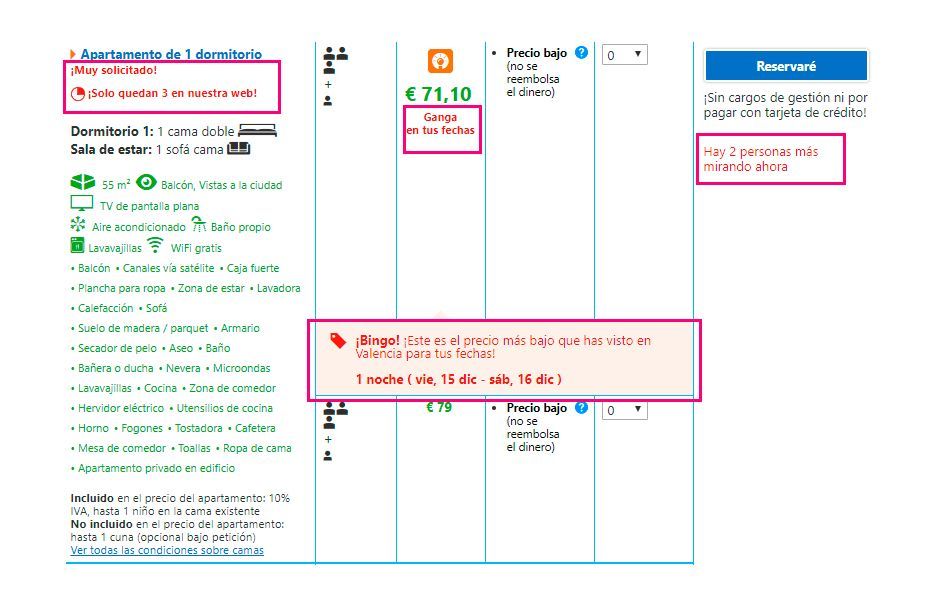 Urgencia y relevancia en ficha de producto en Booking.com