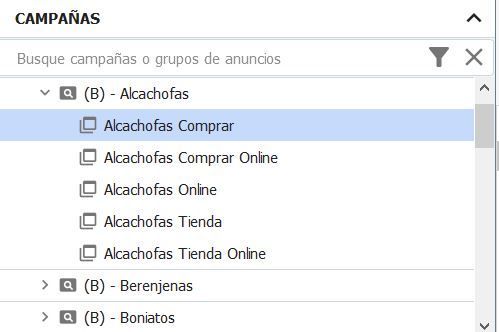 Lista de campañas y adgroups