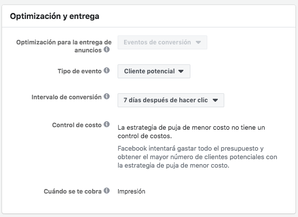 Catálogo de Facebook Ads - evento de optimización