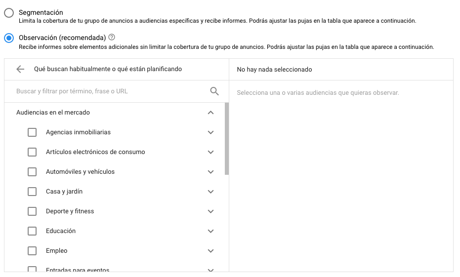 Categorías de las Audiencias In-Market en las campañas de búsqueda.
