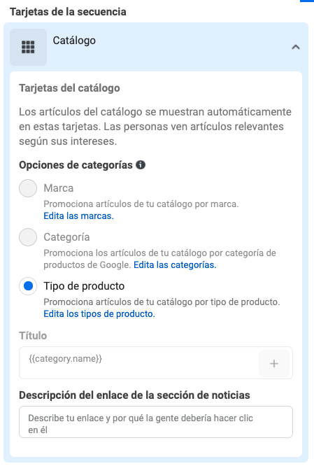 Facebook también nos permite separar las tarjetas por categorías, marcas o tipo de producto