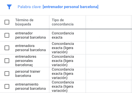 Concordancia exacta y sus términos de búsqueda