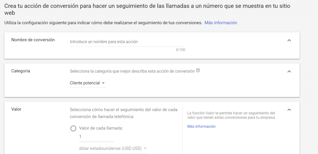 Configuración de conversión de llamada en el sitio web